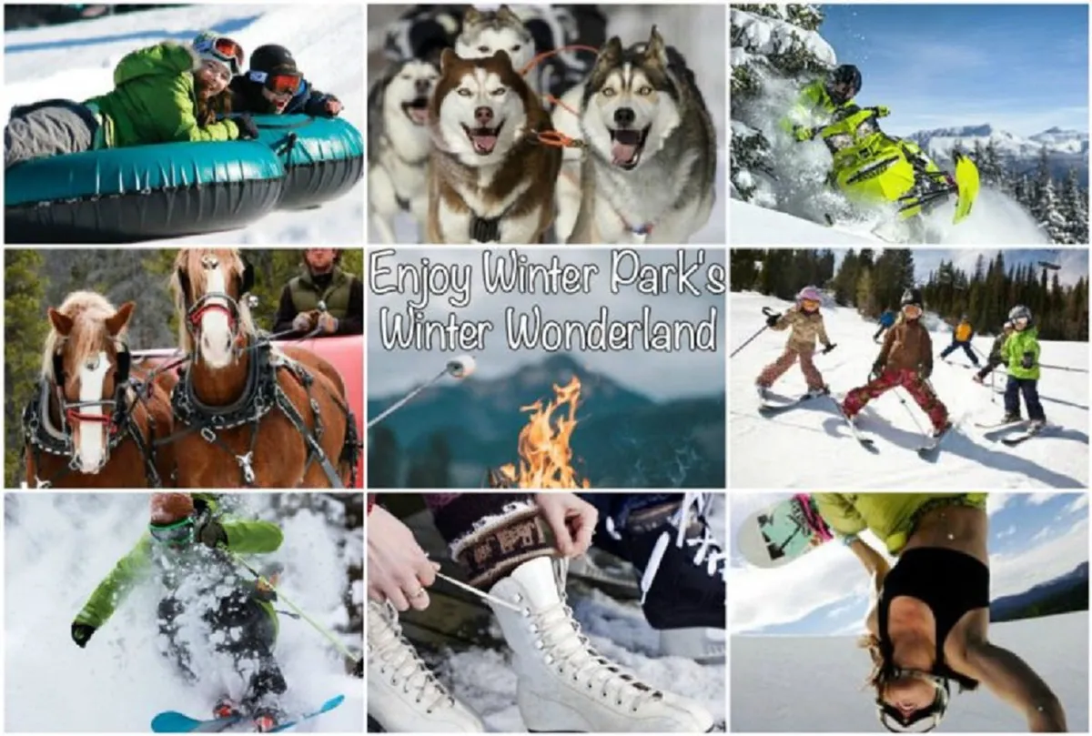 A lively winter scene showing families and children engaged in snow tubing, dog sledding, snowmobiling, skiing, and sledding. The image radiates playful energy and highlights a variety of snow-based activities available to families during winter.