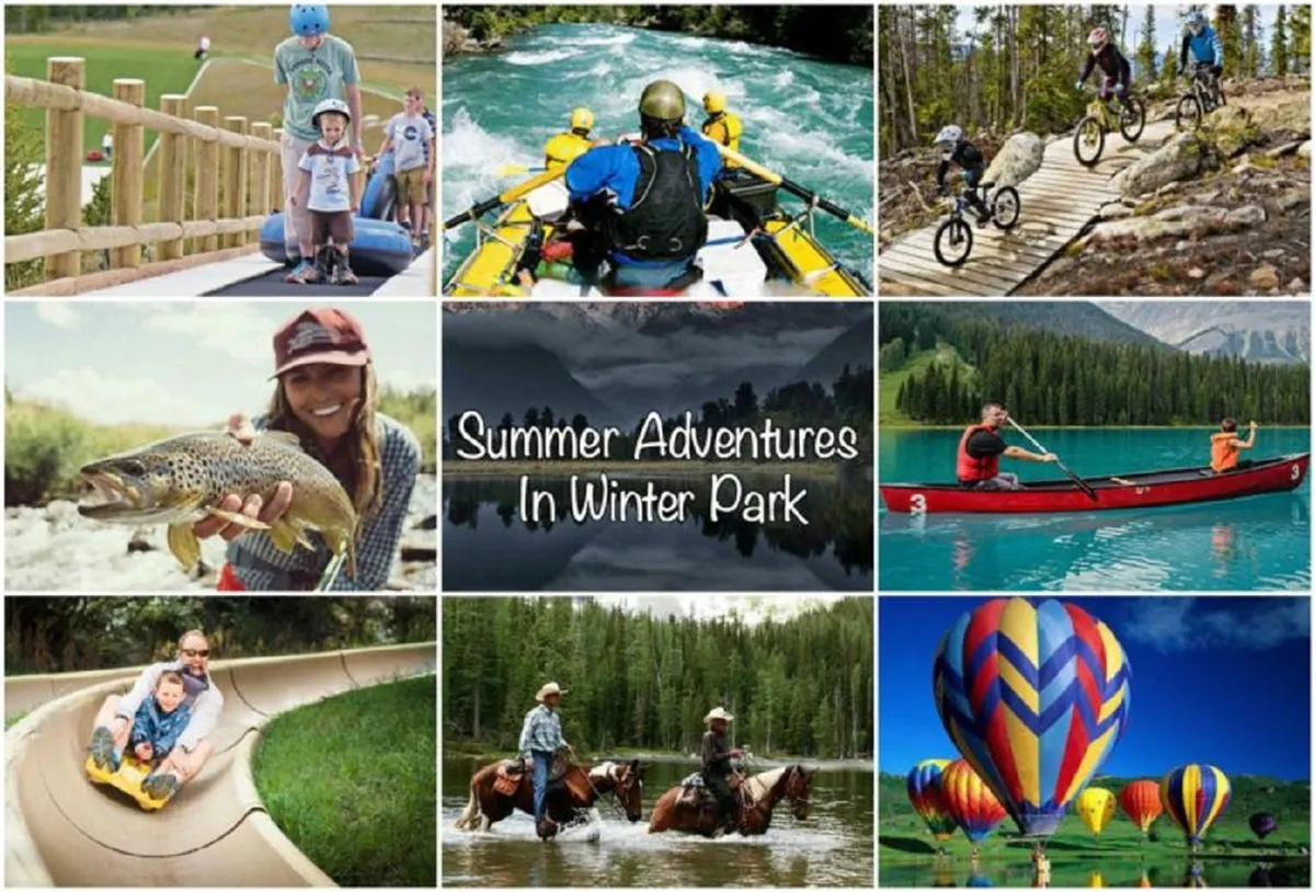 This exterior image captures families and children enjoying a variety of outdoor activities such as kayaking, cycling, fishing, and even hot air ballooning. The scene is vibrant and joyful, emphasizing multi-generational fun and the spirit of adventure in nature.