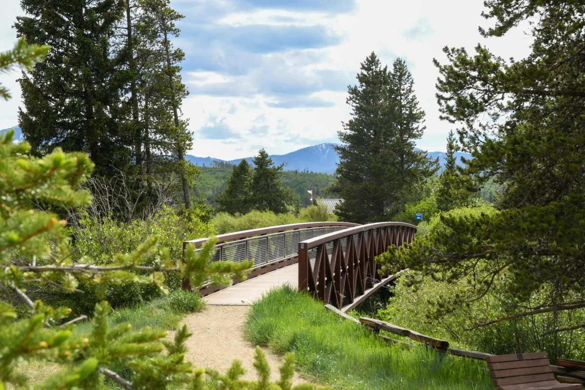 A tranquil exterior shot of a wooden bridge surrounded by lush trees with distant mountains in the background. The setting exudes peace and is perfect for walking, biking, or simply enjoying nature.