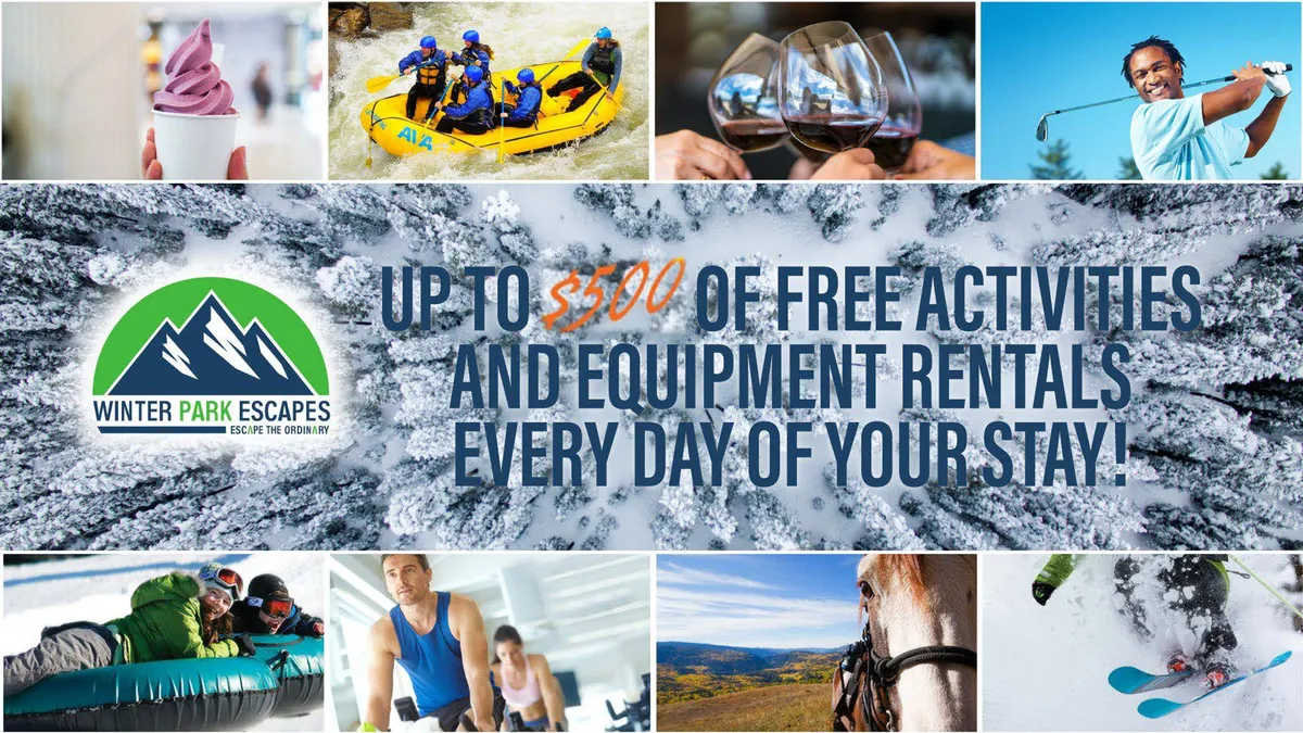 A vibrant exterior collage depicting friends engaging in a range of adventure activities such as rafting, skiing, horseback riding, and golfing. The scene is lively and action-packed, perfectly encapsulating the thrill of outdoor recreation available in the area.